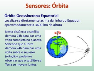Sensores: Órbita
Órbita Geossíncrona Equatorial
Localiza-se diretamente acima da linha do Equador,
aproximadamente a 3600 km de altura
Nesta distância o satélite
demora 24h para dar uma
volta completa no planeta.
Sabendo que a Terra
demora 24h para dar uma
volta sobre o seu eixo
(rotação), podemos
observar que o satélite e a
Terra se movem juntos.
 