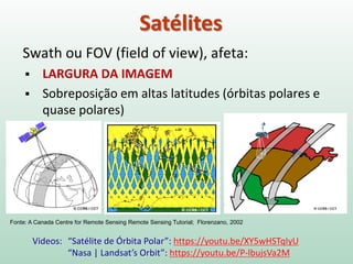 Swath ou FOV (field of view), afeta:
 LARGURA DA IMAGEM
 Sobreposição em altas latitudes (órbitas polares e
quase polares)
Fonte: A Canada Centre for Remote Sensing Remote Sensing Tutorial; Florenzano, 2002
Satélites
Videos: “Satélite de Órbita Polar”: https://youtu.be/XY5wHSTqIyU
“Nasa | Landsat’s Orbit”: https://youtu.be/P-lbujsVa2M
 