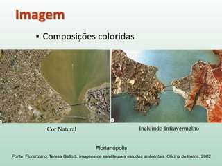 Florianópolis
Fonte: Florenzano, Teresa Gallotti. Imagens de satélite para estudos ambientais. Oficina de textos, 2002
Imagem
 Composições coloridas
Cor Natural Incluindo Infravermelho
 