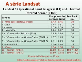 A série Landsat
Landsat 8 Operational Land Imager (OLI) and Thermal
Infrared Sensor (TIRS)
https://landsat.usgs.gov/what-are-band-designations-landsat-satellites
Bandas
Comprimento
de Onda (μm)
Resolução
(m)
1 - Ultra azul (costas/aerosol) 0.43 - 0.45 30
2 - Azul 0.45 - 0.51 30
3 – Verde 0.53 - 0.59 30
4 – Vermelho 0.64 - 0.67 30
5 – Infravermelho Próximo (NIR) 0.85 - 0.88 30
6 – Infravermelho de Ondas Curtas (SWIR1) 1.57 - 1.65 30
7 – Infravermelho de Ondas Curtas (SWIR2) 2.11 - 2.29 30
8 - Pancromático 0.50 - 0.68 15
9 - Cirrus 1.36 - 1.38 30
10 – Termal (TIRS) 1 10.60 - 11.19 100 * (30)
11 – Termal (TIRS) 2 11.50 - 12.51 100 * (30)
Resolução Radiométrica – 12 bits
 