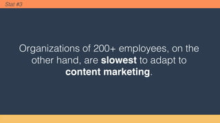 Organizations of 200+ employees, on the
other hand, are slowest to adapt to
content marketing.
Stat #3
 