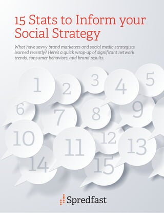 1514
7 9
1110 13
2
8
12
3
6
15 Stats to Inform your
Social Strategy
What have savvy brand marketers and social media strategists
learned recently? Here’s a quick wrap-up of signiﬁcant network
trends, consumer behaviors, and brand results.
541
 