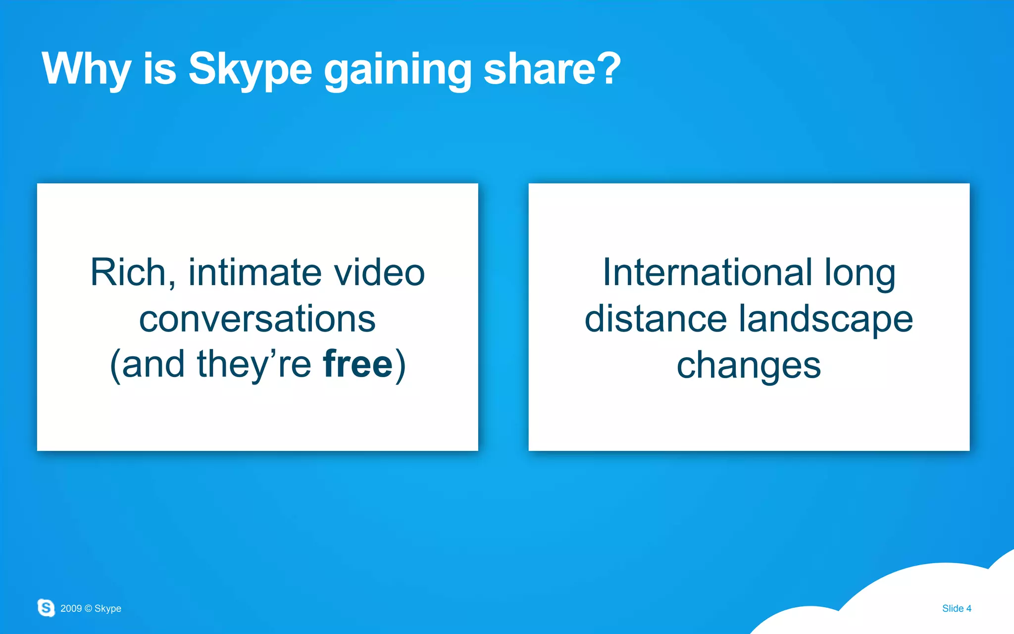 Why is Skype gaining share?Rich, intimate video conversations(and they’re free)International long distance landscape changes