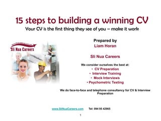 1 15 steps to building a winning CVYour CV is the first thing they see of you – make it work Prepared by  Liam Horan Sli Nua Careers We consider ourselves the best at: ,[object Object]
