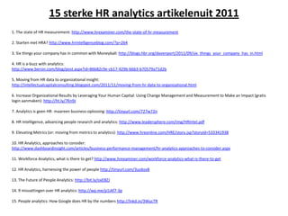 15 sterke HR analytics artikelenuit 2011
1. The state of HR measurement: http://www.hrexaminer.com/the-state-of-hr-measurement

2. Starten met HRA? http://www.hrintelligenceblog.com/?p=264

3. Six things your company has in common with Moneyball: http://blogs.hbr.org/davenport/2011/09/six_things_your_company_has_in.html

4. HR is a-buzz with analytics:
http://www.bersin.com/blog/post.aspx?id=86b82c9e-cb17-429b-b6b3-b70579a71d2b

5. Moving from HR data to organizational insight:
http://intellectualcapitalconsulting.blogspot.com/2011/11/moving-from-hr-data-to-organizational.html

6. Increase Organizational Results by Leveraging Your Human Capital: Using Change Management and Measurement to Make an Impact (gratis
login aanmaken): http://ht.ly/7Kn9J

7. Analytics is geen HR- maareen business-oplossing: http://tinyurl.com/727w72n

8. HR Intelligence, advancing people research and analytics: http://www.leadersphere.com/img/HRIntel.pdf

9. Elevating Metrics (or: moving from metrics to analytics): http://www.hreonline.com/HRE/story.jsp?storyId=533341938

10. HR Analytics, approaches to consider:
http://www.dashboardinsight.com/articles/business-performance-management/hr-analytics-approaches-to-consider.aspx

11. Workforce Analytics, what is there to get? http://www.hrexaminer.com/workforce-analytics-what-is-there-to-get

12. HR Analytics, harnessing the power of people http://tinyurl.com/3uobsv8

13. The Future of People Analytics: http://bit.ly/oxEBZJ

14. 9 misvattingen over HR analytics: http://wp.me/p1iAf7-3p

15. People analytics: How Google does HR by the numbers http://lnkd.in/3WucTR
 