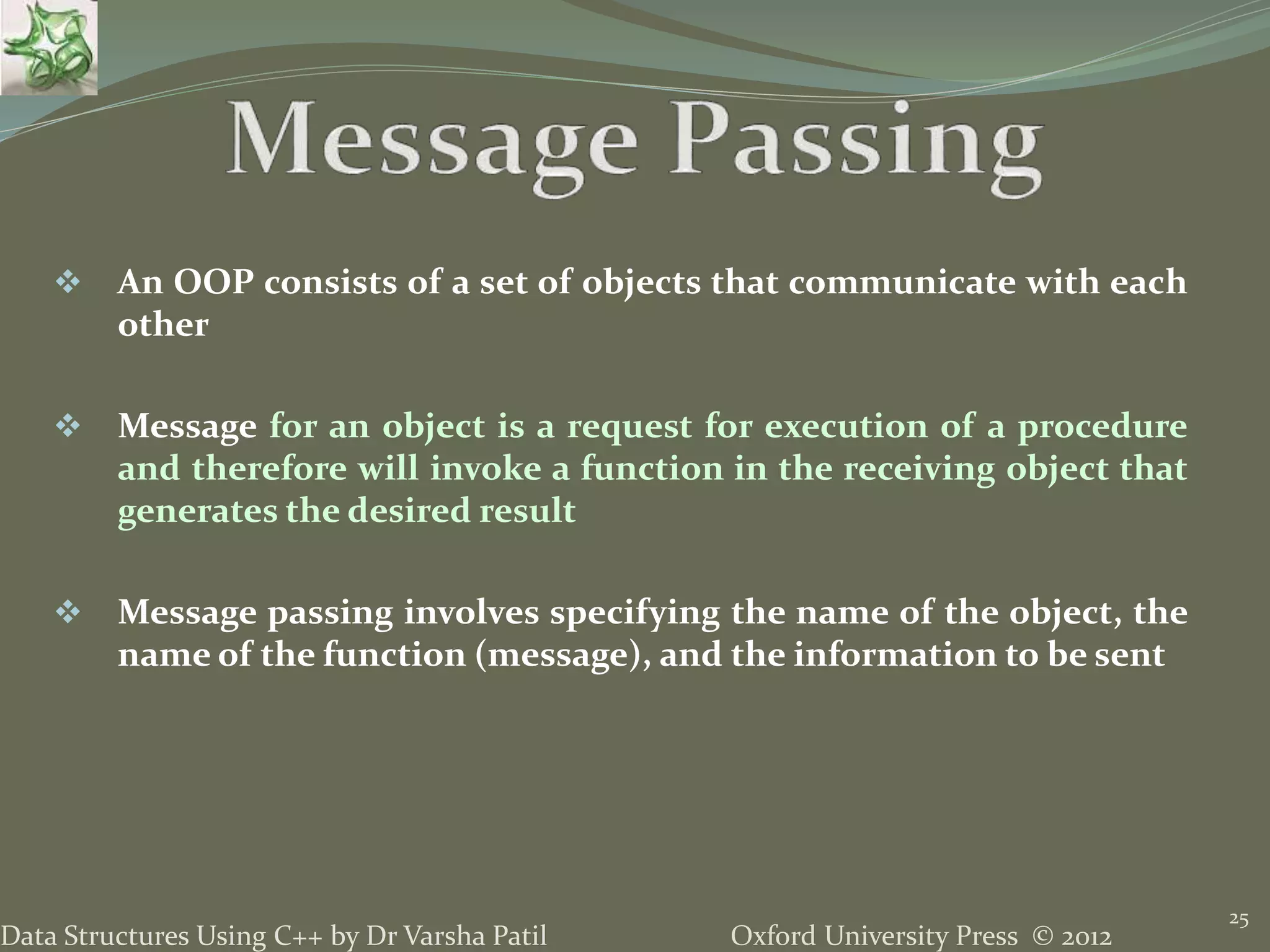 Oxford University Press © 2012Data Structures Using C++ by Dr Varsha Patil
25
 An OOP consists of a set of objects that communicate with each
other
 Message for an object is a request for execution of a procedure
and therefore will invoke a function in the receiving object that
generates the desired result
 Message passing involves specifying the name of the object, the
name of the function (message), and the information to be sent
 