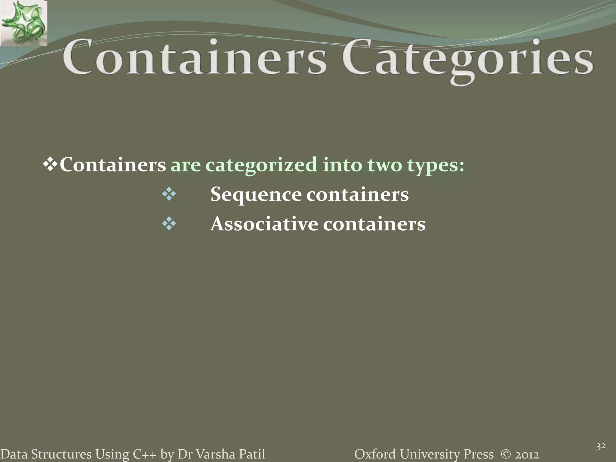Oxford University Press © 2012Data Structures Using C++ by Dr Varsha Patil
32
Containers are categorized into two types:
 Sequence containers
 Associative containers
 