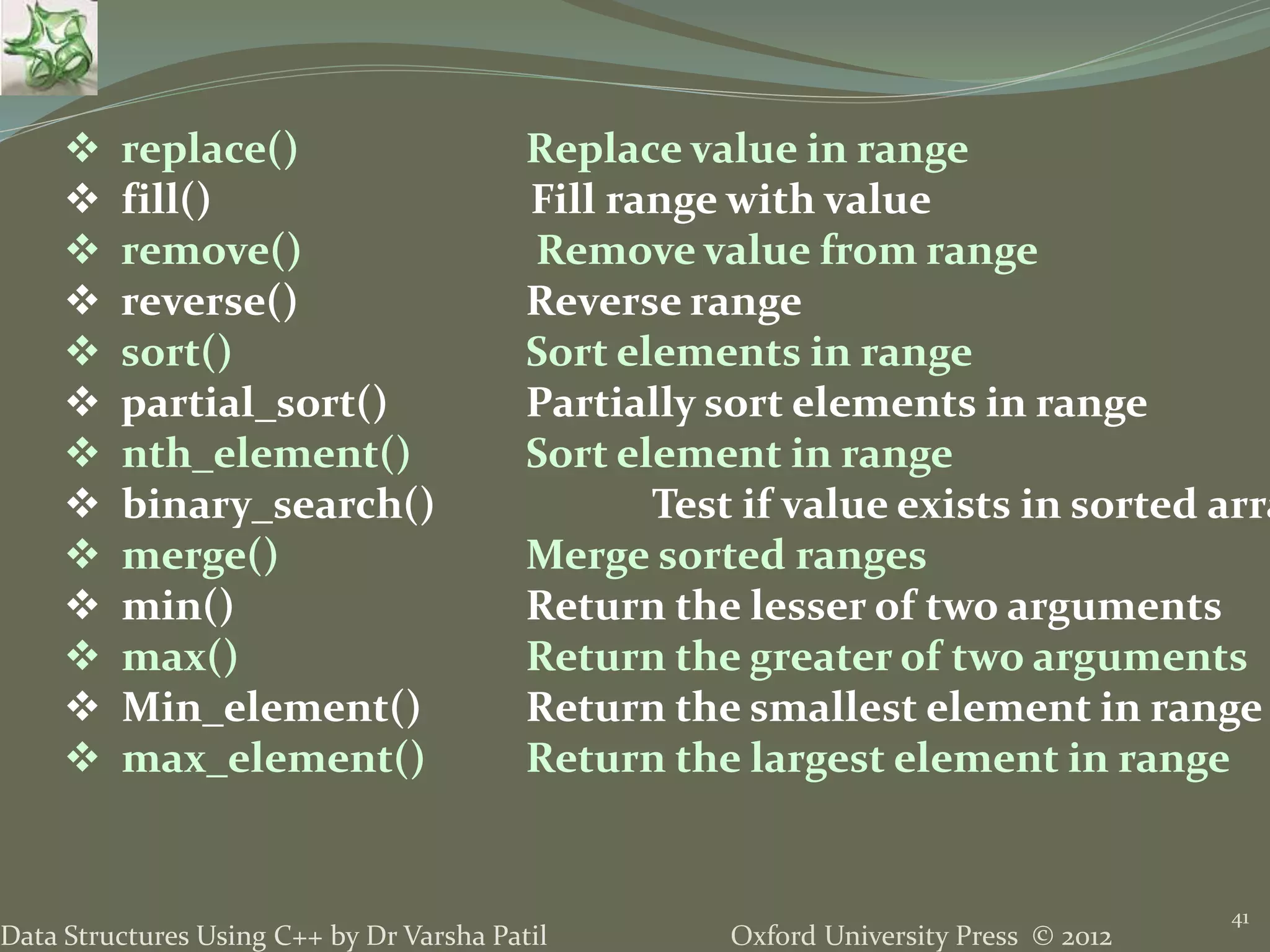 Oxford University Press © 2012Data Structures Using C++ by Dr Varsha Patil
41
 replace() Replace value in range
 fill() Fill range with value
 remove() Remove value from range
 reverse() Reverse range
 sort() Sort elements in range
 partial_sort() Partially sort elements in range
 nth_element() Sort element in range
 binary_search() Test if value exists in sorted arra
 merge() Merge sorted ranges
 min() Return the lesser of two arguments
 max() Return the greater of two arguments
 Min_element() Return the smallest element in range
 max_element() Return the largest element in range
 