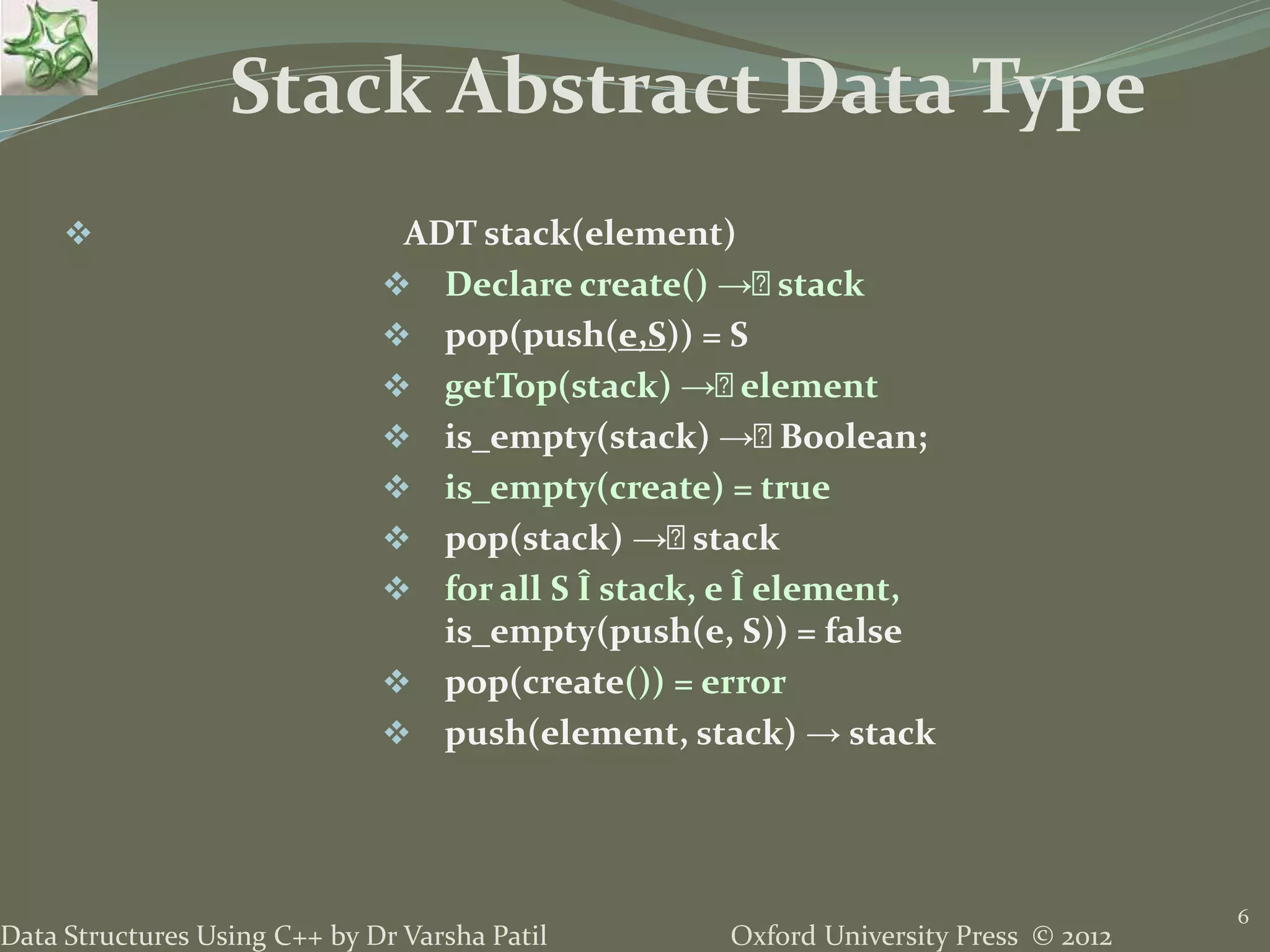 Oxford University Press © 2012Data Structures Using C++ by Dr Varsha Patil
6
 ADT stack(element)
 Declare create() → stack
 pop(push(e,S)) = S
 getTop(stack) → element
 is_empty(stack) → Boolean;
 is_empty(create) = true
 pop(stack) → stack
 for all S Î stack, e Î element,
is_empty(push(e, S)) = false
 pop(create()) = error
 push(element, stack) → stack
Stack Abstract Data Type
 