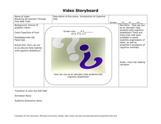 Video Storyboard
Name of video:                               Description of this scene: Introduction of Cognitive
Reaching All Learners Through                Aids
Free Web Tools
                                                                                                                Screen ___15___ of ____19___
Background: Picture of                                                                                                   Narration: How can you
question marks                                                                                                           as an educator help
                                                                                                                         students with cognitive
                                                         Screen size: ___4:3_______
Color/Type/Size of Font:                                                                                                 disabilities? There are
                                                                16:9, 4:3, 3:2
                                                                                                                         many free web tools
Red/Baskerville Old                                                                                                      available to assist
Face/12pt.                                                                                                               students organization of
                                                                                                                         ideas, as well as
Actual text: How can you                                                                                                 presenter’s avoidance of
as an educator help students                                                                                             cognitive overload.
with cognitive disabilities?



                                                                                                                           Audio: voice clip reading
                                                                                                                           narration



                                              How can you as an educator help students with
                                                          cognitive disabilities?




Transition to next clip:Soft fade

Animation:None

Audience Interaction:None




                                            (Sketch screen here noting color, place, size of graphics if any)
Inspiration for this document: Maricopa Community College. http://www.mcli.dist.maricopa.edu/authoring/studio/index.html
 