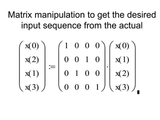 Matrix manipulation to get the desired
input sequence from the actual
x 0
( )
x 2
( )
x 1
( )
x 3
( )












1
0
0
0
0
0
1
0
0
1
0
0
0
0
0
1












x 0
( )
x 1
( )
x 2
( )
x 3
( )














 