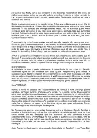 por ganhar sua fealty com a sua coragem e uma liderança responsável. Ele reuniu os
melhores cavaleiros sobre ele que ele poderia encontrar, incluindo a nobre Lancelot du
Lac, a quem muitos considerado o maior cavaleiro vivo. Ele também decidiram se casar e
começar uma família.

Desde o primeiro momento a viu esbelto forma, Arthur amava Guinevere, a jovem filha do
Rei Leodegrace do Norte. Embora Merlin advertiu-lhe que outra mulher lhe traria maior
felicidade, o seu coração era irrevogavelmente fixado. Foi fiel Lancelot quem Arthur
confiáveis para apresentar o seu naipe para Leodegrace. Contudo, logo que cumpridas
Lancelot Guinevere dos olhos, eles foram posscssed por um poder maior do que a sua
lealdade para com o Arthur. Ambos lutaram para controlar as suas emoções como
Guinevere casado Arthur.

E assim Arthur's poder trouxe a noiva yearned para ele, mas ele não trazer o seu amor.
Por muito que Guinevere respeitado o seu marido, era Lancelot ela desejar. Experimente
o que ela poderia, o trágico triângulo de Arthur, Lancelot e Guinevere foi enraizada para o
resto de suas vidas. Ele levaria a amarga infelicidade para ali três. Mas ainda hoje, a
beleza do ilustre King Arthur's Reign vive em, apesar do triste rainha que não o amo.

Arthur e Guinevere são mostrados na sua trono, sur-arredondada, com a glória que foi
Camelot. A tapeçaria pendurada atrás deles revela Lancelot, que está sempre no Queen's
th.ough.ts. A mesa redonda, sobre a qual nenhum cavaleiro poderia sentar mais alto ou
mais baixo no estado, revela o objetivo final de energia: Para criar paz e harmonia.

SIGNIFICADOS:
A habilidade de usar o poder sabiamente. A consciência de um poder do. Reunião
autoridade figura ou um professor que pode ajudar. Responsíhílíty para outros. A
capacidade para liderar e inspirar. O conhecimento de como criar mudanças sem abrir
mão de valores importantes ou de recorrer à violência ou engano. Rcvcrscd ou wcakly
aspcctcd: Oprimido por outro o poder e autoridade. Insegurança. Perda de poder pessoal.
Passivo agressão. Usando o poder de manipular outros para ganho pessoal.

5 - A TRADIÇÃO

Romeu e Julieta foi baseada Thi Tragícal História de Romeus e Julkt, um longo poema
narrativo. conhecer durante Shakespeare's tempo. No entanto, tomou Shakespeare's
génio para transformar essa história em um dos maiores desempenha no idioma Inglês.
Escrito em 1595, Romeu e Julkt é conside-rados os quintessencial exemplo da estrela-
cruzado amantes aprisionado pelas suas famílias-LIES "tradicional ódio de si. Ao longo
dos séculos, esta extremamente pop "o seu jogo tem servido de inspiração para inúmeras
variações no cinema, na ópera, e da literatura, alguns dos quais subvenção Romeo
andjuliet negou-lhes o final feliz por Shakespeare.

Na Renascença Verona, uma antiga desavença entre a Montague Capulet famílias e
espalhar a discórdia througbout pacífica outra cidade. A tradição de ódio entre as duas
casas nobres era tão arraigada que iria acontecer se uma carnificina Capulet
acidentalmente reuniu um Montague na rua. Julieta, a quatorze anos de idade, filha de
Lord Capulet, fez o seu melhor para não tomar parte na contenda. Mas isso se tornou
impossível quando ela caiu no amor com Romeo, o bonitão, impetuoso filho de Lord
Montague.

Juliet Romeo conheci quando ele escapado dissimulada no Capulets' ¬ cos Tume Bali.
                                                                                        111
 