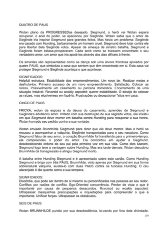 QUATRO DE PAUS

Wotan plano da PROGRESSEDas desejado. Siegmund, o herói vai Wotan espera
recuperar. o anel do poder, se apaixonou por Sieglinde. Wotan sabia que o amor de
Sieglinde iria inspirar Siegmund para grandes feitos. Mas havia um problema: Sieglinde
era casado com Hunding, barbaramente um homem cruel. Siegmund deve lutar contra ele
para libertar dela Sieglinde votos. Apesar da ameaça de sinistro batalha, Siegmund e
Sieglinde foram êxtase-prosperaram. Cada senti como se tivessem encontrado o seu
verdadeiro amor, um amor que iria apoiá-los através dos dias difíceis à frente.

Os amantes são representadas como se dança sob uma árvore frondosa apoiados por
quatro PAUS, que simboliza a casa que sentem que têm encontrado em si. Esta casa vai
proteger Siegmund e Sieglinde aconteça o que acontecer.

SIGNIFICADOS:
Helpfull estrutura. Estabilidade dos empreendimentos. Um novo lar. Realizar metas e
desfruta-los. Primeiro sucesso de um novo empreendimento. Satisfação. Colocar as
raízes. Possivelmente um casamento ou parceria doméstica. Encerramento de uma
situação instável. Rcvcrstd ou wcakly aspccttd: querer estabilidade. O desejo de colocar
as raízes, mas elusíveness em fazê-lo. Frustrações ou decepcionar "sitos em casa.

CINCO DE PAUS

FRICKA, wotan da esposa e da deusa do casamento, aprendeu de Siegmund e
Sieglinde's adulterino amor. Irritado com sua destruição de sua sagrada votos, ela insistiu
em que Siegmund deve morrer em batalha contra Hundíng para recuperar a sua honra.
Wotan honrado seu pedido contra a sua vontade.

Wotan enviado Brunnhílde Siegmund para dizer que ele deve morrer. Mas o herói se
recusou a acompanhar a valquíria, Sieglinde transportadas para o seu nascituro. Como
Siegmund falou de seu amor, o coração Brunnhílde foi transferida para o primeiro-tempo,
ela compreendeu o poder do amor. Ela concordou em ajudar a Siegmund,
desobedecendo ordens do seu pai pela primeira vez em sua vida. Como eles lutaram,
Siegmund logo teve a vantagem sobre Hundíng. Mas era tarde demais: Wotan descobriu
Brunnhílde da transgressão e atingiu Siegmund morto.

A batalha entre Hundíng Siegmund e é apresentado sobre este cartão. Como Hundíng
Siegmund e briga com três PAUS, Brunnhílde, visto apenas por Siegmund em sua forma
sobrenatural valquíria, auxilia-lo com duas PAUS contra os furiosos Hundíng. O céu
alaranjado é tão quente como a sua tempera.

SIGNIFICADOS:
Discórdia, que pode ser dentro de si mesmo ou personificadas nas pessoas ao seu redor.
Conflitos por razões de conflito. Ego-Oriented concorrência. Perder de vista o que é
importante por causa de pequenos desacordos. Rcvcrscd ou wcakly aspccted:
Ultrapassar mesquinhas preocupações e inquietações para compreender o que é
importante. Unificar forças. Ultrapassar os obstáculos.

SEIS DE PAUS

Wotan BRUNNHÍLDE punido por sua desobediência, le-vando por fora dela divindade.
                                                                                        139
 
