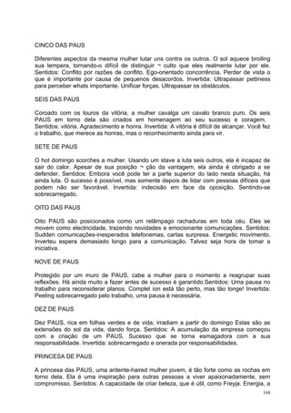 CINCO DAS PAUS

Diferentes aspectos da mesma mulher lutar uns contra os outros. O sol aquece broiling
sua tempera, tornando-o difícil de distinguir ¬ culto que eles realmente lutar por ele.
Sentidos: Conflito por razões de conflito. Ego-orientado concorrência. Perder de vista o
que é importante por causa de pequenos desacordos. Invertida: Ultrapassar pettiness
para perceber whats importante. Unificar forças. Ultrapassar os obstáculos.

SEIS DAS PAUS

Coroado com os louros da vitória, a mulher cavalga um cavalo branco puro. Os seis
PAUS em torno dela são criados em homenagem ao seu sucesso e coragem.
Sentidos: vitória. Agradecimento e honra. Invertida: A vitória é difícil de alcançar. Você fez
o trabalho, que merece as honras, mas o reconhecimento ainda para vir.

SETE DE PAUS

O hot domingo scorches a mulher. Usando um stave a luta seis outros, ela é incapaz de
sair do calor. Apesar de sua posição ¬ ção da vantagem, ela ainda é obrigado a se
defender. Sentidos: Embora você pode ter a parte superior do lado nesta situação, há
ainda luta. O sucesso é possível, mas somente depois de lidar com pessoas difíceis que
podem não ser favorável. Invertida: indecisão em face da oposição. Sentindo-se
sobrecarregado.

OITO DAS PAUS

Oito PAUS são posicionados como um relâmpago rachaduras em toda céu. Eles se
movem como electricidade, trazendo novidades e emocionante comunicações. Sentidos:
Sudden comunicações-inesperados telefonemas, cartas surpresa. Energetic movimento.
Inverteu espera demasiado longo para a comunicação. Talvez seja hora de tomar a
iniciativa.

NOVE DE PAUS

Protegido por um muro de PAUS, cabe a mulher para o momento a reagrupar suas
reflexões. Há ainda muito a fazer antes de sucesso é garantido.Sentidos: Uma pausa no
trabalho para reconsiderar planos. Complel íon está tão perto, mas tão longe! Invertida:
Peeling sobrecarregado pelo trabalho, uma pausa é necessária.

DEZ DE PAUS

Dez PAUS, rica em folhas verdes e de vida, irradiam a partir do domingo Estas são as
extensões do sol da vida, dando força. Sentidos: A acumulação da empresa começou
com a criação de um PAUS. Sucesso que se torna esmagadora com a sua
responsabilidade. Invertida: sobrecarregado e onerada por responsabilidades.

PRINCESA DE PAUS

A princesa das PAUS, uma ardente-haired mulher jovem, é tão forte como as rochas em
torno dela. Ela é uma inspiração para outras pessoas a viver apaixonadamente, sem
compromisso. Sentidos: A capacidade de criar beleza, que é útil, como Freyja. Energia, a
                                                                                           168
 