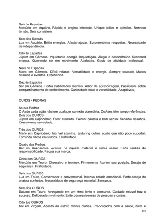 Seis de Espadas
Mercúrio em Aquário. Rápido e original intelecto. Unique idéias e opiniões. Nervoso
tensão. Seja consistem.

Sete dos Sworâs
Lua em Aquário. Brittle energias. Afastar ajudar. Surpreendente respostas. Necessidade
de independência.

Oito de Espadas
Júpiter em Gêmeos. Inquietante energia. Inquietação. Alegre e descontraído. Scattered
energia. Querendo ser em movimento. Abaladas. Gosta de atividade intelectual.

Nove de Espadas
Marte em Gêmeos. Difícil relaxar. Versatilidade e energia. Sempre ocupado Muitos
desafios e eventos. Experiência.

Dez de Espadas
Sol em Gêmeos. Fortes habilidades mentais. Amor de aprendizagem. Passionate sobre
compartilhamento de conhecimento. Curiosidade inata e versatilidade. Adaptáveis.


OUROS - PEDRAS

Ás das Pedras
O Ás de cada ação não tem qualquer conexão planetária. Os Ases têm tempo referências.
Dois dos OUROS
Júpiter em Capricórnio. Estar aterrado. Exercer cautela e bom senso. Sensible desafios.
Crescimento controlado.

Três dos OUROS
Marte em Capricórnio. Incrível stamina. Enduring outros aquilo que não pode suportar.
Tomando riscos calculados. Estabilidade.

Quatro das Pedras
Sol em Capricórnio. Avanço na riqueza material e status social. Forte sentido de
responsabilidade. Faça a sua marca.

Cinco dos OUROS
Mercúrio em Touro. Obsessivo e teimoso. Firmemente fixo em sua posição. Desejo de
segurança. Praticidade.

Seis dos OUROS
Lua em Touro. Conservador e convencional. Intenso estado emocional. Forte desejo de
criatura confortos. Necessidade de segurança material. Sensuous.

Sete dos OUROS
Saturno em Touro. Avançando em um ritmo lento e constante. Cuidado estável traz o
sucesso. Deliberada movimento. Evite possessiveness de pessoas e coisas.

Oito dos OUROS
Sol em Virgem. Adesão ao estrito rotinas diárias. Preocupados com a saúde, dieta e
                                                                                    182
 