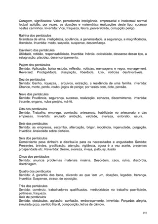 Coragem, significados: Valor, percebendo inteligência, empresarial e intelectual normal
lectual aptidão, por vezes, as doações e matemática realizações deste tipo: sucesso
nestes caminhos. Invertida: Vice, fraqueza, feiúra, perversidade, corrupção perigo.

Rainha dos pentáculos
Grandeza de alma. inteligência, opulência, a generosidade, a segurança, a magnificência,
liberdade. Invertida: medo, suspeita, suspense, desconfiança.

Cavaleiro dos pentáculos
Utilidade, retidão, responsabilidade. Invertida: Inércia, ociosidade, descanso desse tipo, a
estagnação, placidez, desencorajarmento.

Pajem dos pentáculos
Sentido: Aplicação, bolsa estudo, reflexão. notícias, mensagens e regra, management.
Reversed: Prodigalidade, dissipação, liberdade, luxo, notícias desfavoráveis.

Dez de pentáculos
Sentido: Ganho, riquezas, , arquivos, extração, a residência de uma família. Invertida:
Chance, morte, perda, roubo, jogos de perigo; por vezes dom, dote, pensão.

Nove dos pentáculos
Sentido: Prudência, segurança, sucesso, realização, certezas, discernimento. Invertida:
tratante, engano, nulos projeto, má-fé.

Oito dos pentáculos
Sentido: Trabalho, emprego, comissão, artesanato, habilidade no artesanato e das
empresas. Invertida: anulado ambição, vaidade, avareza, extorsão, usura.

Sete dos pentáculos
Sentido: as empresas, escambo, altercação, brigar, inocência, ingenudade, purgação.
Invertida: Ansiedade sobre dinheiro.

Seis dos pentáculos
Comerciante pesa dinheiro e distribui-lo para os necessitados e angustiados Sentido:
Presentes, brindes, gratificação. atenção, vigilância, agora é a vez aceite, presentes
prosperidade etc. Revertida: Desire, avareza, inveja, jealousy, ilusão

Cinco dos pentáculos
Sentido: anuncia problemas materiais miséria. Desordem, caos, ruína, discórdia,
libertinagem.

Quatro dos pentáculos
Sentido: A garantia dos bens, clivando ao que tem um, doações, legados, herança.
Invertida: Suspense, atraso, de oposição.

Três dos pentáculos
Sentido: comércio, trabalhadores qualificados. mediocridade no trabalho puerilidade,
pettiness, fraqueza.
Dois de pentáculos
Sentido: obstáculos, agitação, confusão, embaraçamento. Invertida: Forçados alegria,
simulada gozo, sentido literal, composição, letras de câmbio.

                                                                                         193
 
