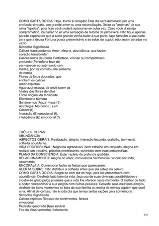 COMO CARTA DO DIA: Hoje, trunfo é coração! Este dia será dominado por uma
profunda simpatia, um grande amor ou uma reconciliação. Deixe as "antenas" da sua
alma "ligadas", pois hoje você poderá apaixonar-se outra vez. Caso você já esteja
comprometido, irá pairar no ar uma sensação de retomo da primavera. Não fique apenas
parado esperando que a sorte grande venha bater à sua porta, faça também a sua parte
para que a deusa Fortuna possa presenteá-lo e as setas do cupido não sejam atiradas no
vazio.
Símbolos Significado
Cálices transbordando Amor, alegria, abundância, que fazem
coração transbordar
Cálices feitos de romãs Fertilidade, vínculo ou compromisso
profundo (Perséfone teve de
permanecer no submundo com
Hades, por ter comido uma semente
de romã)
Flores de lótus douradas, que
enchem os cálices
Amor espiritual
Água azul-escura, de onde saem as
hastes das flores de lótus
Fonte original da fertilidade
Elemento e número
Sentimentos (Água) vivos (3)
Astrologia: Mercúrio (E) em
Câncer (f)
Interação (E) emocional (f),
inteligência (E) emocional (f)



TRÊS DE COPAS
ABUNDÂNCIA
ASPECTOS GERAIS: Realização, alegria, interação fecunda, gratidão, bem-estar,
colheita abundante.
VIDA PROFISSIONAL: Negócios agradáveis, bom trabalho em conjunto, alegria em
realizar um trabalho, projetos promissores, contratos com boas perspectivas.
PLANO DA CONSCIÊNCIA: Estar repleto de profunda gratidão.
RELACIONAMENTO: Alegria no amor, convivência harmoniosa, vinculo fecundo,
casamento.
ENCORAJA A: Comemorar todas as festas que aparecerem.
ALERTA SOBRE: Não distribuir a colheita antes que ela esteja no celeiro.
COMO CARTA DO DIA: Alegre-se com dia de hoje, pois ele presenteará com
abundância. Desfrute lado bom da vida, faça uso de suas diversas possibilidades e
mostre-se grato pelos prazeres que a vida lhe oferece neste momento. O melhor de tudo
é poder compartilhar a sua alegria com outras pessoas. Convide seus melhores amigos,
desfrute de bons momentos ao lado da sua família ou encha de mimos alguém que você
ama. Afinal de contas, não é todo dia que temos tantas razões para comemorar.
Símbolos Significado
Cálices repletos Riqueza de sentimentos, fartura
emocional
Pedestal quadrado Base estável
Flor de lótus vermelha, fortemente
                                                                                   250
 