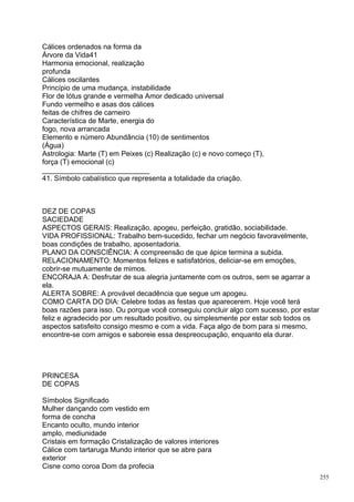 Cálices ordenados na forma da
Árvore da Vida41
Harmonia emocional, realização
profunda
Cálices oscilantes
Princípio de uma mudança, instabilidade
Flor de lótus grande e vermelha Amor dedicado universal
Fundo vermelho e asas dos cálices
feitas de chifres de carneiro
Característica de Marte, energia do
fogo, nova arrancada
Elemento e número Abundância (10) de sentimentos
(Água)
Astrologia: Marte (T) em Peixes (c) Realização (c) e novo começo (T),
força (T) emocional (c)
___________________________
41. Símbolo cabalístico que representa a totalidade da criação.



DEZ DE COPAS
SACIEDADE
ASPECTOS GERAIS: Realização, apogeu, perfeição, gratidão, sociabilidade.
VIDA PROFISSIONAL: Trabalho bem-sucedido, fechar um negócio favoravelmente,
boas condições de trabalho, aposentadoria.
PLANO DA CONSCIÊNCIA: A compreensão de que ápice termina a subida.
RELACIONAMENTO: Momentos felizes e satisfatórios, deliciar-se em emoções,
cobrir-se mutuamente de mimos.
ENCORAJA A: Desfrutar de sua alegria juntamente com os outros, sem se agarrar a
ela.
ALERTA SOBRE: A provável decadência que segue um apogeu.
COMO CARTA DO DIA: Celebre todas as festas que aparecerem. Hoje você terá
boas razões para isso. Ou porque você conseguiu concluir algo com sucesso, por estar
feliz e agradecido por um resultado positivo, ou simplesmente por estar sob todos os
aspectos satisfeito consigo mesmo e com a vida. Faça algo de bom para si mesmo,
encontre-se com amigos e saboreie essa despreocupação, enquanto ela durar.




PRINCESA
DE COPAS

Símbolos Significado
Mulher dançando com vestido em
forma de concha
Encanto oculto, mundo interior
amplo, mediunidade
Cristais em formação Cristalização de valores interiores
Cálice com tartaruga Mundo interior que se abre para
exterior
Cisne como coroa Dom da profecia
                                                                                       255
 