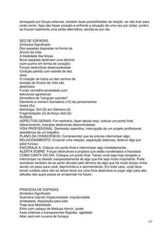 ameaçado por forças externas, existem duas possibilidades de reação: se não tiver para
onde correr, faça das tripas coração e enfrente a situação de uma vez por todas; porém,
se houver realmente uma saída alternativa, decida-se por ela.


DEZ DE ESPADAS
Símbolos Significado
Dez espadas dispostas na forma da
Arvore da Vida
A totalidade das forças
Nove espadas destroem uma décima
(com punho em forma de coração)
Forças destrutivas desencadeadas
Coração partido com estrela de dez
raios
O coração de todos os dez centros de
energia da Arvore da Vida são
destruidos
Fundo vermelho-amarelado com
estruturas agressivas
Atmosfera de "sangues quentes"
Elemento e número Somatório (10) de pensamentos
hostis (Ar)
Astrologia: Sol (Q) em Gêmeos (d)
Fragmentação (d) da força vital (Q)
RUÍNAS
ASPECTOS GERAIS: Fim arbitrário, fazer tabula rasa, colocar um ponto final,
dilaceramento, energias destrutivas descontroladas.
VIDA PROFISSIONAL: Demissão repentina, interrupção de um projeto profissional,
desistência de um trabalho.
PLANO DA CONSCIÊNCIA: Compreender que se precisa interromper algo.
RELACIONAMENTO: Encerrar uma relação, separação dolorosa, destruir algo por
estar furioso.
ENCORAJA A: Colocar um ponto final e interromper algo imediatamente.
ALERTA SOBRE: Forças destrutivas e projetos que estão condenados a fracassar.
COMO CARTA DO DIA: Coloque um ponto final. Talvez você seja hoje obrigado a
interromper ou desistir inesperadamente de algo que lhe seja muito importante. Pode
acontecer também de se sentir aliviado pelo término de algo que há muito tempo vinha
sendo um peso para você, deprimindo-o e atormentando. Em todo caso, você deve
tomar cuidado para não se deixar levar por uma fúria destrutiva ou jogar algo para alto,
atitudes das quais possa se arrepender no futuro.



PRINCESA DE ESPADAS
Símbolos Significado
Guerreira lutando Impetuosidade, impulsividade
arrebatada, disposição para lutar
Traje leve Mobilidade
Elmo com cabeça de Medusa Horror, poder
Asas rotativas e transparentes Rapidez, agilidade
Altar vazio em nuvens de fumaça
                                                                                           265
 