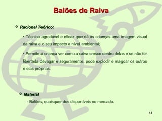 14
Balões de RaivaBalões de Raiva
 Racional Teórico:Racional Teórico:
• Técnica agradável e eficaz que dá às crianças uma imagem visual
da raiva e o seu impacto a nível ambiental;
• Permite à criança ver como a raiva cresce dentro delas e se não for
libertada devagar e seguramente, pode explodir e magoar os outros
e elas próprias.
 MaterialMaterial
- Balões, quaisquer dos disponíveis no mercado.
 