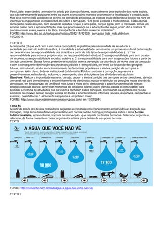 Para Lizete, esse cenário animador foi criado por diversos fatores, especialmente pela explosão das redes sociais,
que são extremamente populares entre os jovens e uma ótima maneira de promover a fiscalização e a mobilização.
Mas se a internet está ajudando os jovens, na opinião da psicóloga, as escolas estão deixando a desejar na hora de
incentivar o engajamento e conscientizá-los sobre a corrupção. “Em geral, a escola é muito omissa. Estão apenas
começando nesse assunto, com iniciativas isoladas. O que é uma pena, porque agora, com o mensalão, temos um
enorme passo para a conscientização, mas que pouco avança se a educação não seguir junto”, diz a diretora. “É
preciso ensinar esses jovens a ter ética, transparência e também a exercer cidadania.”
FONTE: http://www.bbc.co.uk/portuguese/noticias/2012/11/121024_corrupcao_lista_mdb.shtml em
19/02/2014.
TEXTO III
A campanha (O que você tem a ver com a corrupção?) se justifica pela necessidade de se educar a
sociedade por meio do estímulo à ética, à moralidade e à honestidade, construindo um processo cultural de formação
de consciência e de responsabilidade dos cidadãos a partir de três tipos de responsabilidades (…): 1) a
responsabilidade para com os próprios atos, ou responsabilidade individual; 2) a responsabilidade para com os atos
de terceiros, ou responsabilidade social ou coletiva e; 3) a responsabilidade para com as gerações futuras a partir de
um agir consciente. Dessa forma, pretende-se contribuir com a prevenção da ocorrência de novos atos de corrupção
e com a consequente diminuição dos processos judiciais e extrajudiciais, por meio da educação das gerações
futuras, estimulando, ainda, o encaminhamento de denúncias populares e a efetiva punição de corruptos e
corruptores. Além disso, é dever institucional do Ministério Público combater a corrupção, repressiva e
preventivamente, estimulando, inclusive, o desempenho das atribuições e das atividades extrajudiciais.
Objetivos: Reduzir a impunidade nacional, ou seja, cobrar a efetiva punição dos corruptos e dos corruptores, abrindo
um canal real para oferecimento e encaminhamento de denúncias; educar e estimular as gerações novas através da
construção, em longo prazo, de um Brasil mais justo e mais sério, destacando o papel fundamental de nossas
próprias condutas diárias; aproveitar momentos do cotidiano infanto-juvenil (família, escola e comunidade) para
propiciar a vivência de atividades que os levem a conhecer esses princípios, estimulando-os a praticá-los no seu
ambiente de convívio social; divulgar a idéia em locais e acontecimentos informais (sociais, esportivos, campanhas e
eventos), possibilitando o alcance da campanha a um público maior.
FONTE: http://www.oquevocetemavercomacorrupcao.com/ em 19/02/2014.
Tema 15
A partir da leitura dos textos motivadores seguintes e com base nos conhecimentos construídos ao longo de sua
formação, redija texto dissertativo-argumentativo em norma padrão da língua portuguesa sobre o tema A crise
hídrica brasileira, apresentando proposta de intervenção, que respeite os direitos humanos. Selecione, organize e
relacione, de forma coerente e coesa, argumentos e fatos para defesa de seu ponto de vista.
TEXTO I
FONTE: http://vivoverde.com.br/diadaagua-a-agua-que-voce-nao-ve/
TEXTO II
 