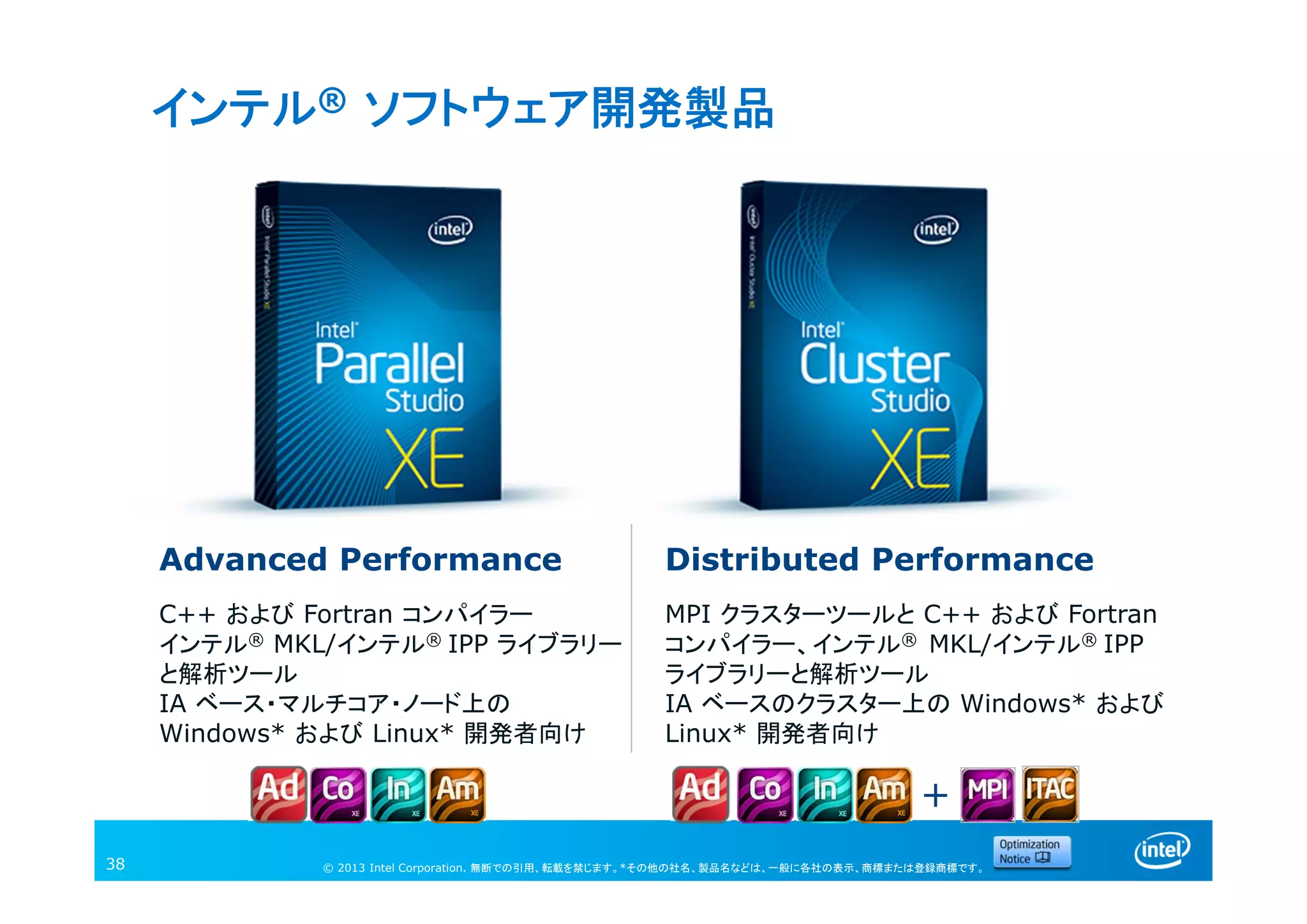 © 2013 Intel Corporation. 無断での引用、転載を禁じます。*その他の社名、製品名などは、一般に各社の表示、商標または登録商標です。
インテル® ソフトウェア開発製品
38
Advanced Performance Distributed Performance
C++ および Fortran コンパイラー
インテル® MKL/インテル® IPP ライブラリー
と解析ツール
IA ベース・マルチコア・ノード上の
Windows* および Linux* 開発者向け
MPI クラスターツールと C++ および Fortran
コンパイラー、インテル® MKL/インテル® IPP
ライブラリーと解析ツール
IA ベースのクラスター上の Windows* および
Linux* 開発者向け
＋
 