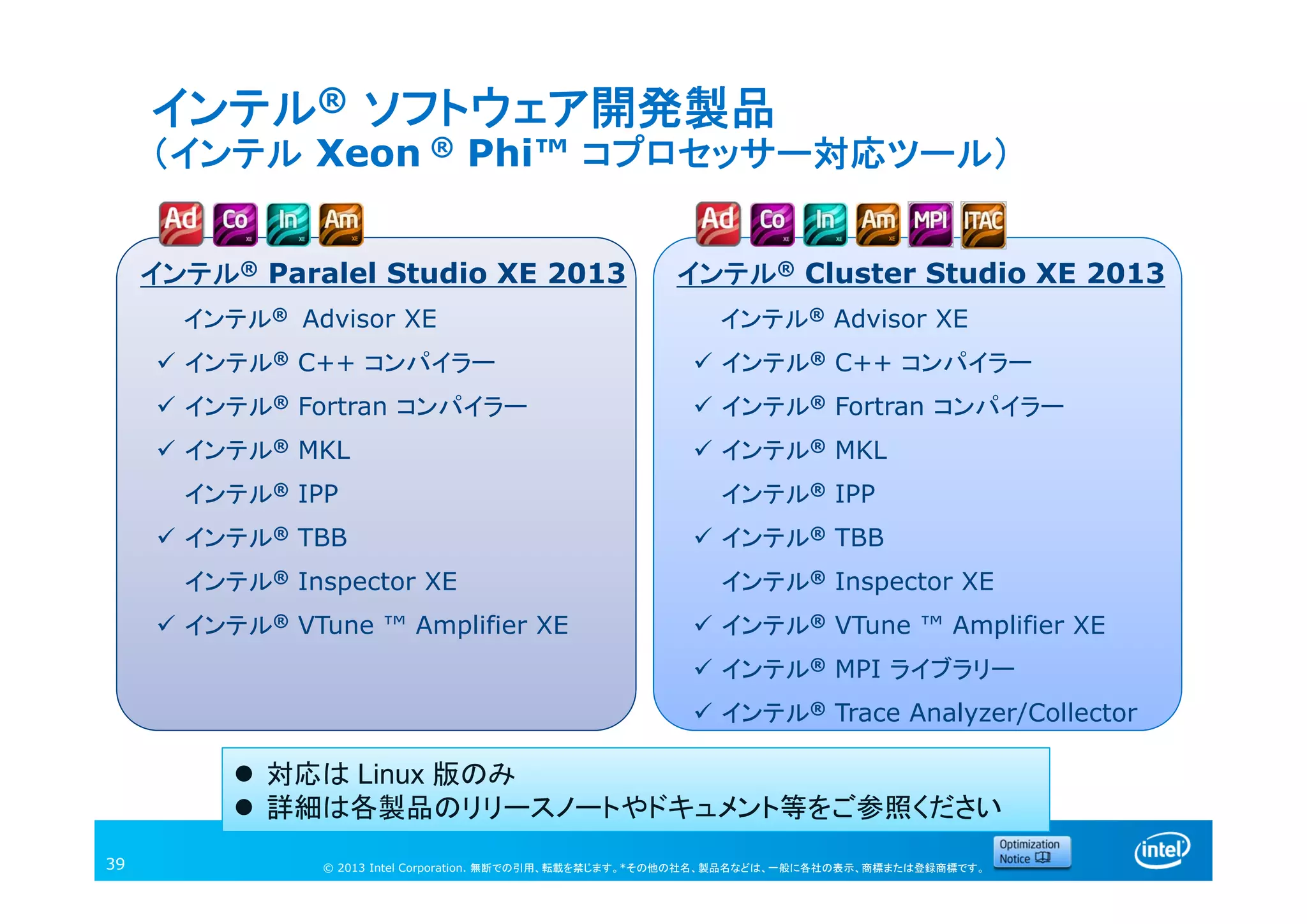 © 2013 Intel Corporation. 無断での引用、転載を禁じます。*その他の社名、製品名などは、一般に各社の表示、商標または登録商標です。
インテル® Paralel Studio XE 2013
インテル® Advisor XE
 インテル® C++ コンパイラー
 インテル® Fortran コンパイラー
 インテル® MKL
インテル® IPP
 インテル® TBB
インテル® Inspector XE
 インテル® VTune ™ Amplifier XE
インテル® ソフトウェア開発製品
（インテル Xeon ® Phi™ コプロセッサー対応ツール）
39
 対応は Linux 版のみ
 詳細は各製品のリリースノートやドキュメント等をご参照ください
インテル® Cluster Studio XE 2013
インテル® Advisor XE
 インテル® C++ コンパイラー
 インテル® Fortran コンパイラー
 インテル® MKL
インテル® IPP
 インテル® TBB
インテル® Inspector XE
 インテル® VTune ™ Amplifier XE
 インテル® MPI ライブラリー
 インテル® Trace Analyzer/Collector
 