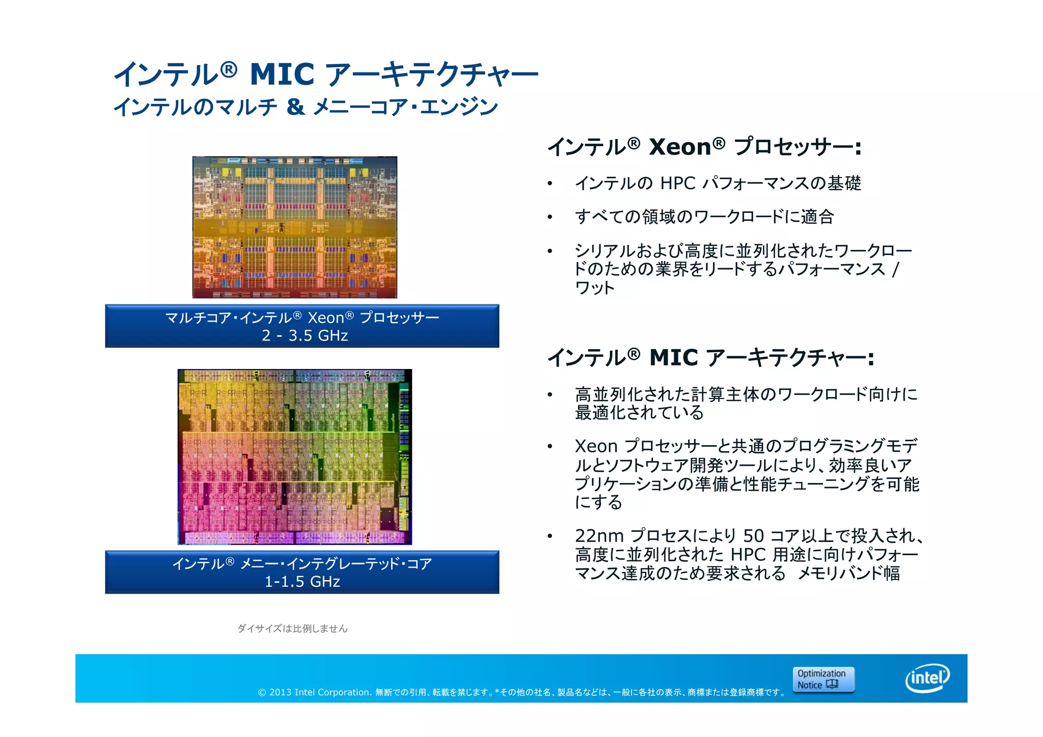 © 2013 Intel Corporation. 無断での引用、転載を禁じます。*その他の社名、製品名などは、一般に各社の表示、商標または登録商標です。
インテル® MIC アーキテクチャー
インテルのマルチ & メニーコア・エンジン
インテル® Xeon® プロセッサー:
• インテルの HPC パフォーマンスの基礎
• すべての領域のワークロードに適合
• シリアルおよび高度に並列化されたワークロー
ドのための業界をリードするパフォーマンス /
ワット
インテル® MIC アーキテクチャー:
• 高並列化された計算主体のワークロード向けに
最適化されている
• Xeon プロセッサーと共通のプログラミングモデ
ルとソフトウェア開発ツールにより、効率良いア
プリケーションの準備と性能チューニングを可能
にする
• 22nm プロセスにより 50 コア以上で投入され、
高度に並列化された HPC 用途に向けパフォー
マンス達成のため要求される メモリバンド幅
マルチコア・インテル® Xeon® プロセッサー
2 - 3.5 GHz
インテル® メニー・インテグレーテッド・コア
1-1.5 GHz
ダイサイズは比例しません
 