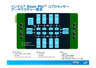 © 2013 Intel Corporation. 無断での引用、転載を禁じます。*その他の社名、製品名などは、一般に各社の表示、商標または登録商標です。
インテル® Xeon Phi™ コプロセッサー
アーキテクチャー概要
16
PCIe
Client
Logic
Core
L2
Core
L2
Core
L2
Core
L2
TD TD TD TD
Core
L2
Core
L2
Core
L2
Core
L2
TDTDTDTD
GDDR MC
GDDR MC
GDDR MC
GDDR MC
TD: Tag Directory
L2: L2-Cache
MC: Memory Controller
For illustration only.
L1 キャッシュ：
• L1I=32KB L1D=32KB
• 8-way
• キャッシュライン=64 バイト
メモリー：
• GDDR5
• 最大 16GB の容量
• 16 メモリーチャネル
• 最大 352GB/s のメモリーバンド幅
L2 キャッシュ：
• 512 KB
• 8-way
• キャッシュライン=64 バイト
 