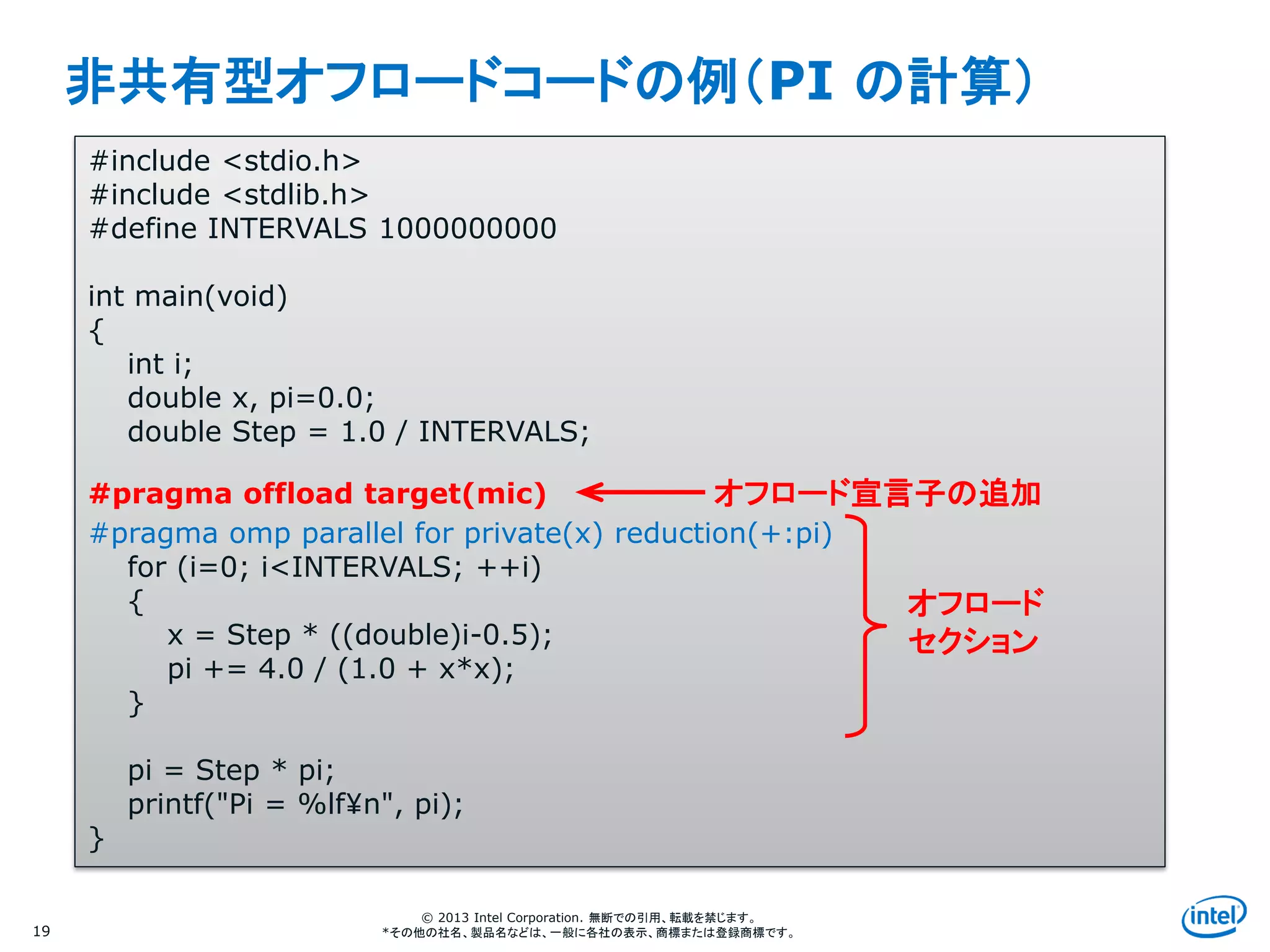 Intel Information Technology
© 2013 Intel Corporation. 無断での引用、転載を禁じます。
*その他の社名、製品名などは、一般に各社の表示、商標または登録商標です。
非共有型オフロードコードの例（PI の計算）
19
#include <stdio.h>
#include <stdlib.h>
#define INTERVALS 1000000000
int main(void)
{
int i;
double x, pi=0.0;
double Step = 1.0 / INTERVALS;
#pragma omp parallel for private(x) reduction(+:pi)
for (i=0; i<INTERVALS; ++i)
{
x = Step * ((double)i-0.5);
pi += 4.0 / (1.0 + x*x);
}
pi = Step * pi;
printf("Pi = %lf¥n", pi);
}
オフロード
セクション
オフロード宣言子の追加#pragma offload target(mic)
 