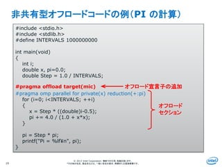 Intel Information Technology
© 2013 Intel Corporation. 無断での引用、転載を禁じます。
*その他の社名、製品名などは、一般に各社の表示、商標または登録商標です。
非共有型オフロードコードの例（PI の計算）
19
#include <stdio.h>
#include <stdlib.h>
#define INTERVALS 1000000000
int main(void)
{
int i;
double x, pi=0.0;
double Step = 1.0 / INTERVALS;
#pragma omp parallel for private(x) reduction(+:pi)
for (i=0; i<INTERVALS; ++i)
{
x = Step * ((double)i-0.5);
pi += 4.0 / (1.0 + x*x);
}
pi = Step * pi;
printf("Pi = %lf¥n", pi);
}
オフロード
セクション
オフロード宣言子の追加#pragma offload target(mic)
 
