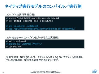 Intel Information Technology
© 2013 Intel Corporation. 無断での引用、転載を禁じます。
*その他の社名、製品名などは、一般に各社の表示、商標または登録商標です。
ネイティブ実行モデルのコンパイル／実行例
25
# source /opt/intel/bin/compilervars.sh intel64
# icc -mmic -openmp pi.c -o pi.out.mic
# scp pi.out.mic root@mic0:
# scp /opt/intel/composerxe/lib/mic/libiomp5.so root@mic0:
# ssh root@mic0
# export LD_LIBRARY_PATH=./
# ./pi.out.mic
コンパイルと実行準備の例:
コプロセッサーへのログインとプログラムの実行例:
※青文字は、NFS (ネットワークファイルシステム) などでファイルを共有し
ていない場合に、実行する必要があるコマンドです。
 