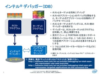 Intel Information Technology
© 2013 Intel Corporation. 無断での引用、転載を禁じます。
*その他の社名、製品名などは、一般に各社の表示、商標または登録商標です。
インテル® デバッガー（IDB）
7
インテル®
Debug
サーバー
Target
Program
• ホストとターゲットを同時にデバッグ
• ホストのアプリケーションのデバッグを開始する
と、ターゲットのアプリケーションは自動的にデ
バッグモードに入る
• ホストとターゲットのデバッグには、ホスト側の
デバッガーを利用する
• デバッガーは、ホストとターゲットのプログラム
を同期して、停止/再開できる
• 双方で C++ と FORTRAN を完全にサポート
• 将来のバージョンでは、1 つの GUI の中に 1
つの仮想アプリケーションのみを表示できるよう
にする
• 1 つ以上のオフロードカードをカバーするように
拡張可能
ホスト
プログラム
ターゲット
プログラム
インテル®
デバッガー
インテル®
デバッグ
サーバー
ユーザー
※ 備考：ターゲットとは、インテル® Xeon Phi™ コプロセッサー
を指す
※ 詳細は、製品ドキュメントまたは以下のサイトをご参照ください。
http://software.intel.com/en-us/articles/debugging-on-intel-xeon-
phi-coprocessor-use-case-overview
http://software.intel.com/en-us/articles/debugging-intel-xeon-phi-
coprocessor-targeted-applications-on-the-command-line
 