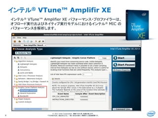 Intel Information Technology
© 2013 Intel Corporation. 無断での引用、転載を禁じます。
*その他の社名、製品名などは、一般に各社の表示、商標または登録商標です。
インテル® VTune™ Amplifir XE
8
インテル® VTune™ Amplifier XE パフォーマンス・プロファイラーは、
オフロード実行およびネイティブ実行モデルにおけるインテル® MIC の
パフォーマンスを解析します。
 
