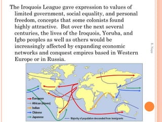 The Iroquois League gave expression to values of
limited government, social equality, and personal
freedom, concepts that some colonists found
highly attractive. But over the next several
centuries, the lives of the Iroquois, Yoruba, and
Igbo peoples as well as others would be
increasingly affected by expanding economic
networks and conquest empires based in Western
Europe or in Russia.
E.Napp
 