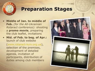 Preparation Stages

• Middle of Jan. to middle of
  Feb. (for the All-Ukrainian
  Rotaract conference): shooting
  a promo movie, preparing
  the club leaflet, invitations
• Mid. of Feb. to beg. of Apr.:
  launch of club website
  (www.rotaract-kyiv.org.ua),
  selection of the premises,
  development of detailed
  agenda, invitation of
  participants, distribution of
  duties among club members
 