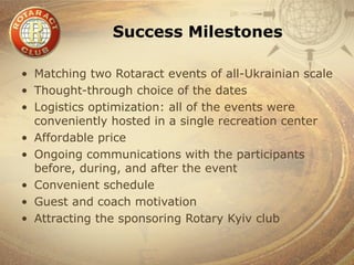 Success Milestones

• Matching two Rotaract events of all-Ukrainian scale
• Thought-through choice of the dates
• Logistics optimization: all of the events were
  conveniently hosted in a single recreation center
• Affordable price
• Ongoing communications with the participants
  before, during, and after the event
• Convenient schedule
• Guest and coach motivation
• Attracting the sponsoring Rotary Kyiv club
 