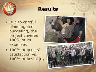 Results

• Due to careful
  planning and
  budgeting, the
  project covered
  100% of its
  expenses
• 100% of guests’
  satisfaction vs.
  100% of hosts’ joy
 
