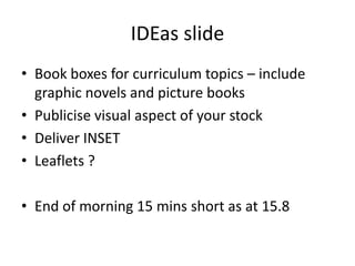 Discuss what medium has been  used - watercolour, pen and ink, collage etc... How has the artist created mood with colours and light How are the images placed on the pageRead the story without showing pictures and get pupils to draw their ‘mind pictures’How has illustration changed over the years? Research an illustratorCompare books across the age rangeMore ideas at Book Trust ‘Big Picture’ and ‘House of IllustrationIdeas for Using Picture Books