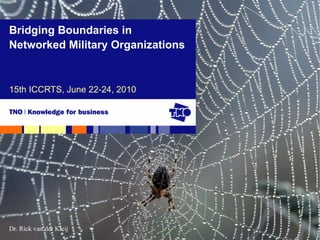 Bridging Boundaries in
Networked Military Organizations


15th ICCRTS, June 22-24, 2010




Dr. Rick van der Kleij
 