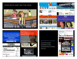 P O D C A S T S A R E O N T H E R I S E
I N T E R V I E W S
N A R R AT I V E S
C O N V E R S AT I O N S
TA L E S
N E W A U D I E N C E S F O R A U D I O
 