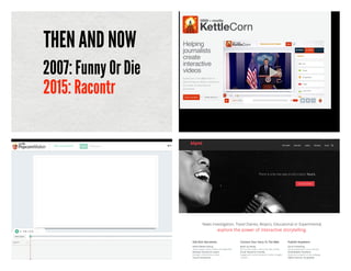 2007: Funny Or Die
THEN AND NOW
2015: Racontr
Up to a two line subtitle, generally used to describe the
takeaway for the slide
20
 
