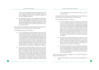 State and District Administation

as the case may be, the Regional Council whether made before or after
the law made by the Legislature of the State of Meghalaya, shall, to the
extent of repugnancy, be void and the law made by the Legislature of
the State of Meghalaya shall prevail;
(b)	 the President may, with respect to any Act of Parliament, by notification,
direct that it shall not apply to an autonomous district or an autonomous
region in the State of Meghalaya, or shall apply to such district or region
or any part thereof subject to such exceptions or modifications as he may
specify in the notification and any such direction may be given so as to
have retrospective effect.”

Governance Issues in the North-Eastern States

in the notification and any such direction may be given so as to have
retrospective effect.”
12B. Application of Acts of Parliament and of the Legislature of the State of Mizoram to
autonomous districts and autonomous regions in the State of Mizoram
“Notwithstanding anything in this Constitution,—
(a)	

12AA. Application of Acts of Parliament and of the Legislature of the State of Tripura to
the autonomous district and autonomous regions in the State of Tripura
“Notwithstanding anything in this Constitution,—
(a)	

no Act of the Legislature of the State of Tripura in respect of any of the
matters specified in paragraph 3 of this Schedule as matters with respect
to which a District Council or a Regional Council may make laws, and
no Act of the Legislature of the State of Tripura prohibiting or restricting
the consumption of any non-distilled alcoholic liquor shall apply to the
autonomous district or autonomous region in that State unless, in either
case, the District Council for that district or having jurisdiction over
such region by public notification so directs, and the District Council
in giving such direction with respect to any Act may direct that the Act
shall, in its application to that district or such region or any part thereof,
have effect subject to such exceptions or modifications as it thinks fit;

(b)	 the Governor may, by public notification, direct that any Act of the
Legislature of the State of Tripura to which the provisions of clause (a)
of this sub-paragraph do not apply, shall not apply to the autonomous
district or an autonomous region in that State, or shall apply to that
district or such region, or any part thereof, subject to such exceptions
or modifications, as he may specify in the notification; (c) the President
may, with respect to any Act of Parliament, by notification, direct that it
shall not apply to the autonomous district or an autonomous region in
the State of Tripura, or shall apply to such district or region or any part
thereof, subject to such exceptions or modifications as he may specify
198

no Act of the Legislature of the State of Mizoram in respect of any of
the matters specified in paragraph 3 of this Schedule as matters with
respect to which a District Council or a Regional Council may make
laws, and no Act of the Legislature of the State of Mizoram prohibiting
or restricting the consumption of any non-distilled alcoholic liquor shall
apply to any autonomous district or autonomous region in that State
unless, in either case, the District Council for such district or having
jurisdiction over such region, by public notification, so directs, and the
District Council, in giving such direction with respect to any Act, may
direct that the Act shall, in its application to such district or region or
any part thereof, have effect subject to such exceptions or modifications
as it thinks fit;

(b)	 the Governor may, by public notification, direct that any Act of the
Legislature of the State of Mizoram to which the provisions of clause (a)
of this sub-paragraph do not apply, shall not apply to an autonomous
district or an autonomous region in that State, or shall apply to such
district or region, or any part thereof, subject to such exceptions or
modifications, as he may specify in the notification;
(c)	

the President may, with respect to any Act of Parliament, by notification,
direct that it shall not apply to an autonomous district or an autonomous
region in the State of Mizoram, or shall apply to such district or region
or any part thereof, subject to such exceptions or modifications as he
may specify in the notification and any such direction may be given so
as to have retrospective effect.”

5.8.4.1.2 The provisions contained in paragraphs 12, 12A, 12AA and 12B provide for
different schemes with respect to:
a)	

Laws of the State Legislature on the subjects mentioned in paragraphs 3, 3A
and 3B.
199

 