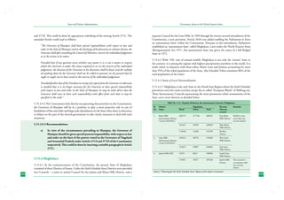 State and District Administation

Governance Issues in the North-Eastern States

and 371H. This could be done by appropriate redrafting of the existing Article 371C. The
amended Article could read as follows:

separate Council for the Garo Hills. In 1969 through the twenty-second amendment of the
Constitution, a new provision, Article-244A was added enabling the Parliament to form
an ‘autonomous State’ within the Constitution. Pursuant to this amendment, Parliament
established an ‘autonomous State’ called Meghalaya. Later under the North-Eastern Areas
(Reorganisation) Act 1971, this autonomous State was given the status of a full fledged
State in 1972.

“The Governor of Manipur shall have special responsibilities with respect to law and
order in the State of Manipur and in the discharge of his functions in relation thereto, the
Governor shall after consulting the Council of Ministers, exercise his individual judgement
as to the action to be taken:
Provided that if any question arises whether any matter is or is not a matter as respects
which the Governor is under this clause required to act in the exercise of his individual
judgement, the decision of the Governor in his discretion shall be final, and the validity
of anything done by the Governor shall not be called in question on the ground that he
ought or ought not to have acted in the exercise of his individual judgement.
Provided further that if the President on receipt of a report from the Governor or otherwise
is satisfied that it is no longer necessary for the Governor to have special responsibility
with respect to law and order in the State of Manipur, he may be order direct that the
Governor shall cease to have such responsibility with effect from such date as may be
specified in the order.”
5.15.3.9.2 The Commission feels that by incorporating this provision in the Constitution,
the Governor of Manipur will be in a position to play a more proactive role in case of
breakdown of law and order and large scale disturbances in the State when there is reluctance
or failure on the part of the elected government to take timely measures to deal with such
situations.
5.15.3.9.3 Recommendation:
a)	

In view of the circumstances prevailing in Manipur, the Governor of
Manipur should be given special powers/responsibility with respect to law
and order on the lines of the powers vested in the Governors of Nagaland
and Arunachal Pradesh under Articles 371A and 371H of the Constitution
respectively. This could be done by inserting a suitable paragraph in Article
371C.

5.15.4 Meghalaya

244

5.15.4.1 At the commencement of the Constitution, the present State of Meghalaya
consisted of three Districts of Assam. Under the Sixth Schedule these Districts were provided
two Councils – a joint or united Council for the Jaintia and Khasi Hills District, and a

5.15.4.2 With 7281 mm of annual rainfall, Meghalaya is not only the ‘wettest’ State in
the country; it is among the regions with highest precipitation anywhere in the world. It is
multi ethnic in character with three tribes, Khasi, Garo and Jaintiya accounting for more
than 95% of the tribal population of the State. (the Schedule Tribes constitute 86% of the
total population of the State).
5.15.4.3 Status of Local Decentralization
5.15.4.3.1 Meghalaya is the only State in the North-East Region where the Sixth Schedule
provisions cover the entire territory except the so called “European Wards” of Shillong city.
Three Autonomous Councils representing the most prominent tribal communities of the
State cover seven districts as detailed below.
Table No. 5.12 : Statistics Related to the Autonomous Councils of Meghalaya
Sl.	 District		
Population		
No.	 Name	
Rural	
Urban	
Total	
					
1.	
	
	

Revenue	
Districts
covered

Khasi Hills	
383175	
277748	
660923	
East Khasi	
Autonomous District				
Hills District	
Council (KHADC) 					

		
261451	
34598	
296049	
					

Ri-bhoi
District

2.	
	
	

Garo Hills	
459412	
58978	
518390	
Autonomous District				
Council (GHADC)

West Garo
Hills District

		
214675	
35907	
250582	
					

East Garo
Hills District

3.	 Jaintia Hills ADC	
92337	
8643	
100980	
					

HADCs cover
more than one
revenue district

West Khasi
Hills District

		
179610	
13180	
192790	
					

Remarks

South Garo
Hills District	

		
274051	
25057	
299108	
Jaintia Hills 	
					
District	
						
						

Source: “Planning for the Sixth Schedule Area”: Report of the Expert Committee

The Council is
co-terminus with
one revenue
district

245

 