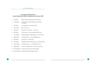 State and District Administation

List of Reports Submitted by the
Second Administrative Reforms Commission up to February 2009
1.	

First Report:	

Right to Information: Master Key to Good Governance

2.	 Second Report:	
		

Unlocking Human Capital: Entitlements and Governance –
A Case Study

3.	

Third Report:	

Crisis Management: From Despair to Hope

4.	

Fourth Report:	

Ethics in Governance

5.	

Fifth Report:	

Public Order – Justice for All . . . Peace for All

6.	

Sixth Report:	

Local Governance – An Inspiring Journey into the Future

7.	

Seventh Report:	

Capacity Building for Conflict Resolution – Friction to Fusion

8.	

Eighth Report:	

Combatting Terrorism – Protecting by Righteousness

9.	

Ninth Report:	

Social Capital – A Shared Destiny

10.	 Tenth Report: 	

Refurbishing of Personnel Administration – Scaling New Heights

11.	 Eleventh Report: 	

Promoting e-Governance – The SMART Way Forward

12.	 Twelfth Report: 	

Citizen Centric Administration – The Heart of Governance

13.	 Thirteenth Report: 	 Organisational Structure of Government of India
14.	 Fourteenth Report: 	 Strengthening Financial Management Systems

310
230

285
231

 