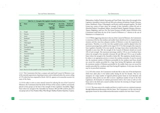 State and District Administation

State Administration

Table No. 2.1 : Strength of the Legislative Assembly of various States
Sl.	
States	
Population	
No.		
(in lakh)	
			
			

Strength of	
the	
Lagislative	
Assembly

Contd.

Size of the	
Number of
Council of	 Departments
Ministers

12.	

Punjab	

242.89	

117	

36	

33

13.	

Haryana	

210.83	

90	

10	

43

14.	

Assam	

266.38	

126	

19	

31

15.	

Jharkhand	

269.09	

81	

12	

36

16.	

Orissa	

367.07	

147	

21	

36

17.	

Chhattisgarh	

207.96	

90	

12	

43

18.	

Kerala	

318.39	

141	

19	

40

19.	

Himachal Pradesh	

60.77	

63	

10	

44

20.	

Uttarakhand	

84.80	

70	

12	

43

21.	

Sikkim	

5.40	

32	

12	

35

22.	

Arunachal Pradesh	

10.91	

60	

29	

43

23.	

Nagaland	

19.89	

60	

13	

31

24.	

Manipur	

23.89	

60	

12	

52

25.	

Mizoram	

8.91	

40	

12	

34

26.	

Tripura	

31.91	

60	

12	

26

27.	

Meghalaya	

23.06	

60	

12	

45

28.	

Goa	

13.44	

40	

12	

34

Source: Based on the data available on State Governments’ Websites.

2.3.2.7 The Commission feels that a compact and small sized Council of Ministers is one
of the essential requirements of good governance and as indicated earlier the current ceiling
of 15% which has been imposed by Article 164(1A), appears to be somewhat excessive for
many of the States.
2.3.2.8 In order to arrive at some rational criteria for reducing the size of the Council of
Ministers, the Commission feels that all the 28 States of the country could be conveniently
placed in three groups on the basis of the strength of their Legislative Assemblies. Bigger
States where the strength of the Assemblies lies between 200 and 400 could be placed in
one group such as Uttar Pradesh, Bihar, West Bengal, Madhya Pradesh, Rajasthan, Gujarat,

24

Maharashtra, Andhra Pradesh, Karnataka and Tamil Nadu. States where the strength of the
Legislative Assemblies is between 80 and 200 such as Jammu & Kashmir, Punjab, Haryana,
Assam, Jharkhand, Orissa, Chhattisgarh, and Kerala could be grouped together. The third
Group may consist of States where the strength of their Assembly is below 80 such as
Himachal Pradesh, Uttarakhand, Sikkim, Arunachal Pradesh, Nagaland, Manipur, Mizoram,
Tripura, Meghalaya, and Goa. (For The Union Territory of Delhi, Article 239AA(4) of the
Constitution itself limits the size of the Council of Ministers to 7 whereas in the case of
Puducherry it is limited to 6).
2.3.2.9 While suggesting reduction in the size of the Council of Ministers, the Commission
is conscious of the fact that medium and smaller States should not be in a disadvantageous
situation and they must have adequate number of Ministers to meet the requirements of
governance. Therefore, it is of the view that a graded system could be adopted where the
maximum percentage limit could be in the range of 10-15 % of the strength of the respective
State Legislative Assembly. To be more specific, the larger States where membership of the
Assembly is more than 200, the strength of the Council of Ministers should not exceed
10% of such strength. This maximum percentage could be 12% in case of medium States
(where the strength of the Assembly is between 80 and 200) and 15% in case of smaller
States (where the strength of the Assembly is below 80). This stipulation should, however,
be subject to an appropriate proviso to remove the resultant anomalies. It may be ensured
that the maximum number of Ministers permissible for the medium sized States should
not exceed the number prescribed for a large State having 200 legislators and similarly
the maximum number of Ministers permissible for the smaller States may not exceed the
number prescribed for a medium sized State having 80 Legislators. At the same time there
may be no prescribed minimum.
2.3.2.10 In this context, the Commission would also like to take note of the developments
which have taken place in the Indian polity during the last few decades. They are (a)
emergence of a large number of regional political parties based on local identities and
aspiration, (these parties are now able to secure a significant number of seats in the State
Legislature), (b) formation of coalition governments both at the Centre as well as in the
States and (c) the third and a natural corollary has been the swearing in of large Councils
of Ministers in the States.
2. 3.2.11 The issue seems to be complex and there is a need to arrive at a national consensus
through deliberations/discussions with the States. The Commission is of the view that the
appropriate forum for these deliberations/discussions would be the Inter-State Council.

25

 