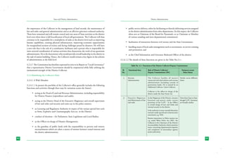 State and District Administation

the importance of the Collector in the management of land records, the maintenance of
law and order and general administration and as an effective grievance redressal authority.
These have remained and will remain central and core areas of State activities at the district
level even when there is full fructification of local self-government. The Collector will thus
continue to be responsible for a multiplicity of tasks at the district level such as improving
human capabilities, creating physical infrastructure, improving economic opportunities
for marginalized sections of society and facing challenges posed by disasters. He will have
a new role that is the role of a coordinator, facilitator and a person who is responsible for
inter-sectoral coordination of various activities that characterise the work of our grassroots
administration. He is the functionary who would provide overall leadership in the district in
the task of nation building. Hence, the Collector would remain a key figure in the scheme
of administration at the field level.
3.2.3.7	The Commission has therefore expressed its view in its Report on “Local Governance”
that a representative District Government should be empowered while fully utilizing the
institutional strength of the District Collector.
3.2.4 Redefining the Collector’s Role:
3.2.4.1	A Wide Mandate

District Administration

•	 public service delivery, either by facilitating or directly delivering services assigned
to the district administration from other departments. (In this respect, the Collector
often acts as Chairman of the Board for Parastatals, or as Chairman or Member
of various standing and inter-departmental committees);
•	 facilitation of interaction between civil society and the State Government;
•	 handling issues of local cadre management such as recruitment, in-service training
and promotion; and
•	 as the Chief Information and Grievance Redressal Officer of the district.
3.2.4.1.2 The details of these functions are given in the Table No.3.1:Table No. 3.1 : Functions of the District Collector/Deputy Commissioner
	 Sl.	
Functional Area	
	 No.		

1

Revenue
Administration

3.2.4.1.1 At present the portfolio of the Collector’s office generally includes the following
functions and activities (though there may be variations across the States):•	 acting as the Head of Land and Revenue Administration, including responsibility
for District Finance (expenditure and audit);
•	 acting as the District Head of the Executive Magistracy and overall supervision
of law and order and security and some say in the police matters;
•	 as Licensing and Regulatory Authority in respect of the various special laws such
as Arms, Explosive and Cinematography Acts etc. in the District;
•	 conduct of elections – for Parliament, State Legislature and Local Bodies;
•	 as the Officer-in-charge of Disaster Management;
•	 as the guardian of public lands with the responsibility to prevent and remove
encroachments which are often a source of tension between vested interests and
the district administration;
64

Role of District Collector/	
Deputy Commissioner (DC)	
The Collector handles all matters
connected with land reforms and revenue
administration (including custody of
government lands). He is assisted by an
Additional Collector / Joint Collector.

Variances across
Select States
Similar across different
States

Collector is the officer-in charge of the
district under the State Excise Act.

2

Executive Magistracy
and Maintenance of law
and order

As the Magistrate of the District, exercises
functions and powers under various
provisions of the Cr.PC. Is the Officer
in overall charge of Law and Order and
internal security in the district.

Varies from State to State
though Cr.P.C. functions
are broadly similar.

Is the authority to issue custody/detention
warrants under special anti-crime/security
enactments e.g. NSA.
Retains importance in Police matters too
e.g. under Bihar Police Act 2007, the
Collector is the Chairman of the District
Accountability Authority which monitors
issues concerning departmental inquiries
and complaints of misconduct against
junior policemen.

65

 