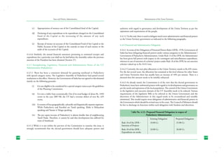 State and District Administation

(c)	

Appropriation of moneys out of the Consolidated fund of the Capital;

(d)	 Declaring of any expenditure to be expenditure charged on the Consolidated
Fund of the Capital or the increasing of the amount of any such
expenditure;
(e)	

Receipt of money on account of the Consolidated Fund of the Capital or the
Public Account of the Capital or the custody or issue of such money or the
audit of the accounts of the Capital.

4.4.4.6 Similarly, the annual financial statement pertaining to estimated receipts and
expenditure for a particular year shall not be laid before the Assembly unless the previous
sanction of the President has been obtained (Section 27).
4.4.5 Strengthening, Legislative, Financial and Administrative Power of the UT
Administration (Puducherry)
4.4.5.1 There has been a consistent demand for granting statehood to Puducherry
with special category status. The Legislative Assembly of Puducherry had passed several
resolutions to this effect. However, the Government of India has not agreed to this demand
mainly on the following grounds:(i)	

It is not eligible to be considered for a special category status as per the guidelines
of the Planning Commission.

(ii)	 It is not a viable State economically. Out of its total budget of about Rs. 1050
crores in the year 2007-08, the UT had a revenue deficit of over Rs. 439
crores.
(iii)	 It consists of four geographically, culturally and linguistically separate segments.
While Puducherry and Karaikal are Tamil speaking, Mahe is Malayalam
speaking and Yanam is Telugu speaking.
(iv)	 The per capita income of Puducherry is almost double that of neighbouring
Tamil Nadu. Therefore, it cannot be said that development has suffered for
want of Statehood.
4.4.5.2	While it is not within the purview of the Commission to examine this issue, it
strongly recommends that the elected government should have adequate powers and

148

Administration of the Union Territories

authority with regard to governance and development of the Union Territory as per the
aspirations and requirements of the people.
4.4.5.3	To this end, there is need to delegate much more administrative and financial powers
to the Union Territory government as indicated in the following paragraphs.
4.4.6 Financial and Administrative Delegation
4.4.6.1	In terms of the Delegation of Financial Powers Rules (DFR), 1978, Government of
India has been delegating financial powers under various categories to the Administrator /
Government of Puducherry Administration. Under Rule 13 of the DFR, the Administrator
has been given full powers with respect to the contingent and miscellaneous expenditure,
whereas in case of sanction of a scheme/ project under Rule 18 of the DFR, he can sanction
schemes valued up to Rs.10.0 Crore.
4.4.6.2	Currently, the non-plan allocation to the Union Territory stands at Rs.439 crores.
For the last several years, the allocation has remained at this level whereas for other States
and Union Territories there has usually been an increase of 10% per annum. There is a
demand that this amount needs to be suitably enhanced.
4.4.6.3	As already stated, the Commission is of the view that the elected government in
Puducherry must have unfettered powers with regard to its development and governance as
per the needs and aspirations of the local population. The control of the Union Government
in the legislative and executive domain of the UT Assembly needs to be reduced. Various
requirements of the legislative Bills to be referred to the Union Government and the
discretion of the Administrator in this regard needs to be reconsidered and suitably
minimized. This would require more delegation of administrative and financial powers to
the Government which should be revised once in five years. The Council of Ministers should
be free to discharge its functions within such delegation with freedom and discretion.
Table No. 4.13 : Proposed Financial Delegation in respect of
Puducherry Administration
	

Existing Delegation	

Proposed Delegation

Rule 18 of the DFR – 	
Sanction of Projects	

10.00 Cr.	

25.00 Cr.

Rule 18 of the DFR – 	
Expenditure on works	

10.00 Cr.	

20.00 Cr.
149

 