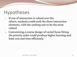 Hypotheses<br />If one of interaction is valued over the others, students could rank the three interaction elements, with ...