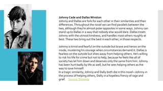 Johnny Cade and DallasWinston
Johnny and Dallas are foils for each other in their similarities and their
differences.Throughout the novel we can find parallels between the
two, although they're almost polar opposites in some ways. Johnny can
stand up to Dallas in a way that nobody else would dare. Dallas treats
Johnny with the utmost kindness, and handles most others roughly at
best.These two bring out the best in each other, in those respects.
Johnny is timid and fearful on the outside but brave and heroic on the
inside, mustering his courage when circumstances demand it. Dallas is
fearless on the outside but shies away from helping others. He's willing
to risk his life for crime but not to help, because he feels like all of
society has let him down and deserves only the same from him. Johnny
has been hurt badly by life as well, but he sees helping others as the
way to save himself.
In a tragic similarity, Johnny and Dally both die in this novel—Johnny in
the process of helping others, Dally in a hopeless frenzy of rage and
grief. Source: Shmoop
 